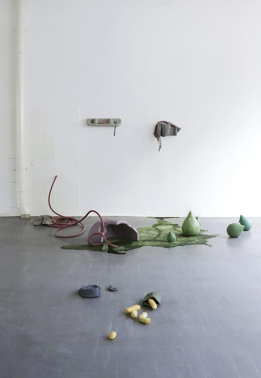 exhibition view: How to eat blueberry pie, by Hanbyeol Mun, at Burg Giebichenstein University of Art and Design Halle, courtesy Burg Giebichenstein University of Art and Design Halle.