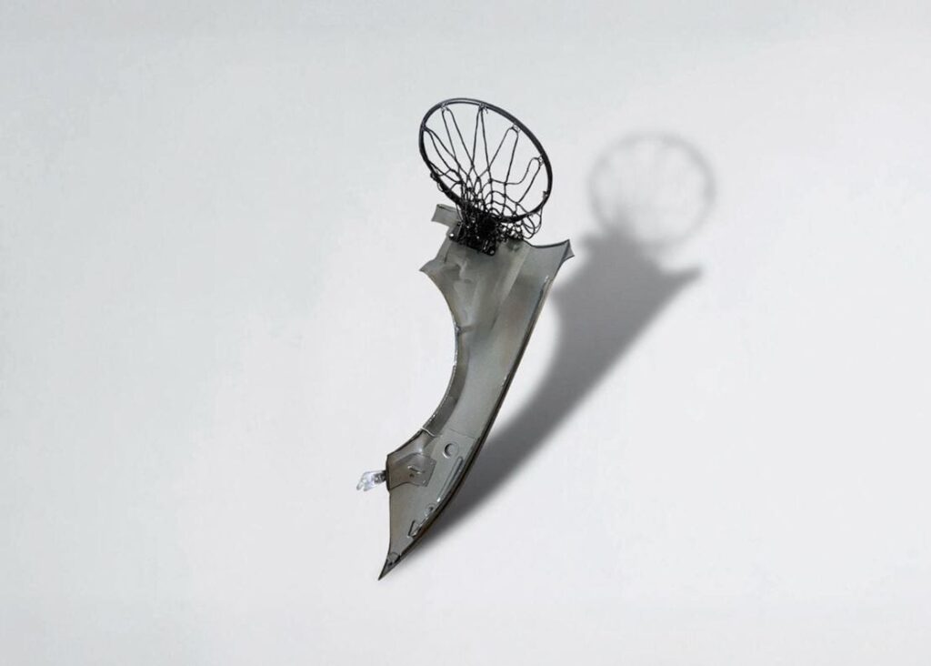 Camille Rouzaud, Playing tools I Car fender, basketball rim and net, 2024